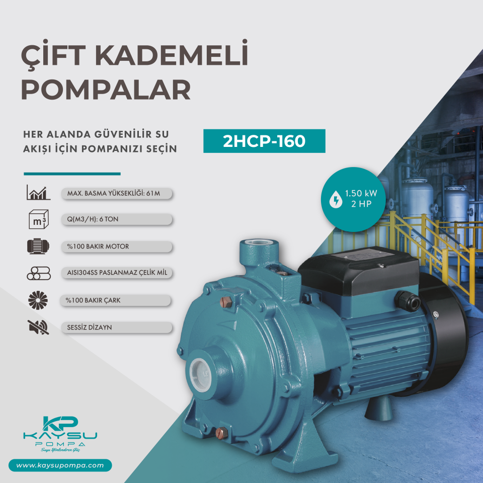 Kaysu Pompa  Yatay Çift Kademeli Ponpa 2HP 1.50 kW 2HCP-160 - 61M - 6TON