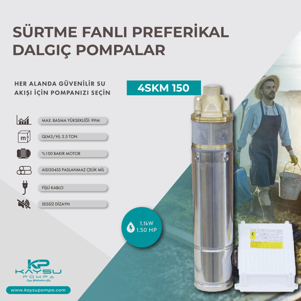 Kaysu Sürtme Fanlı Preferikal Dalgıç Pompa - 4SKM 150 - 1.1 kW - 1.50 HP