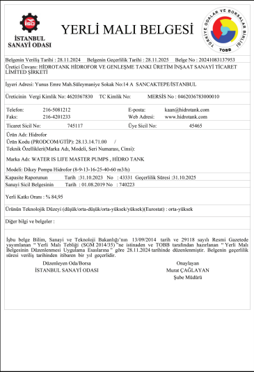 Hidrotank 3 MVK 13/9 M Dikey Pompalı Hidrafor - Monofaze
