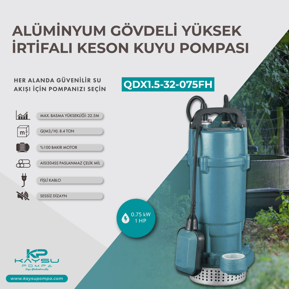 Kaysu Yüksek İrtifalı Keson  Kuyu Pompası QDX1.5-32-075FH - 0.75 kW - 1 HP