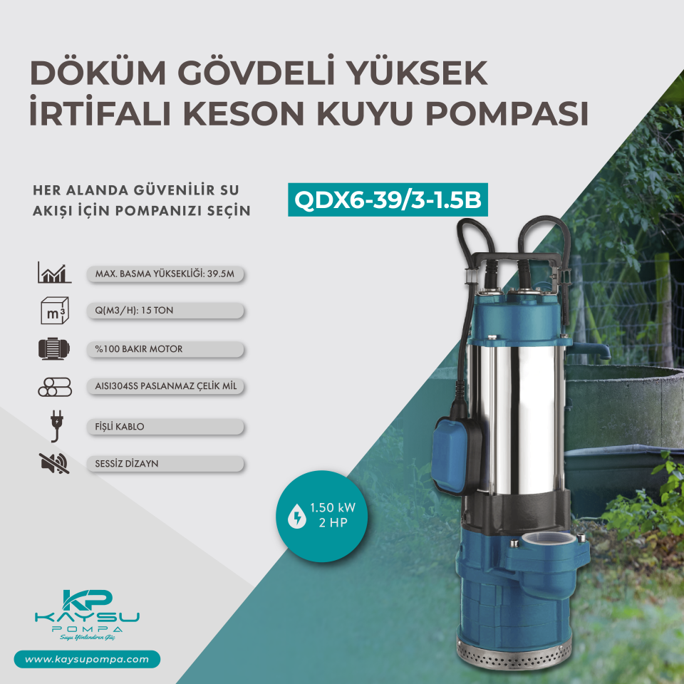 Kaysu Yüksek İrtifalı Keson  Kuyu Pompası QDX6-39/3-1.5B - 1.50 kW - 2 HP