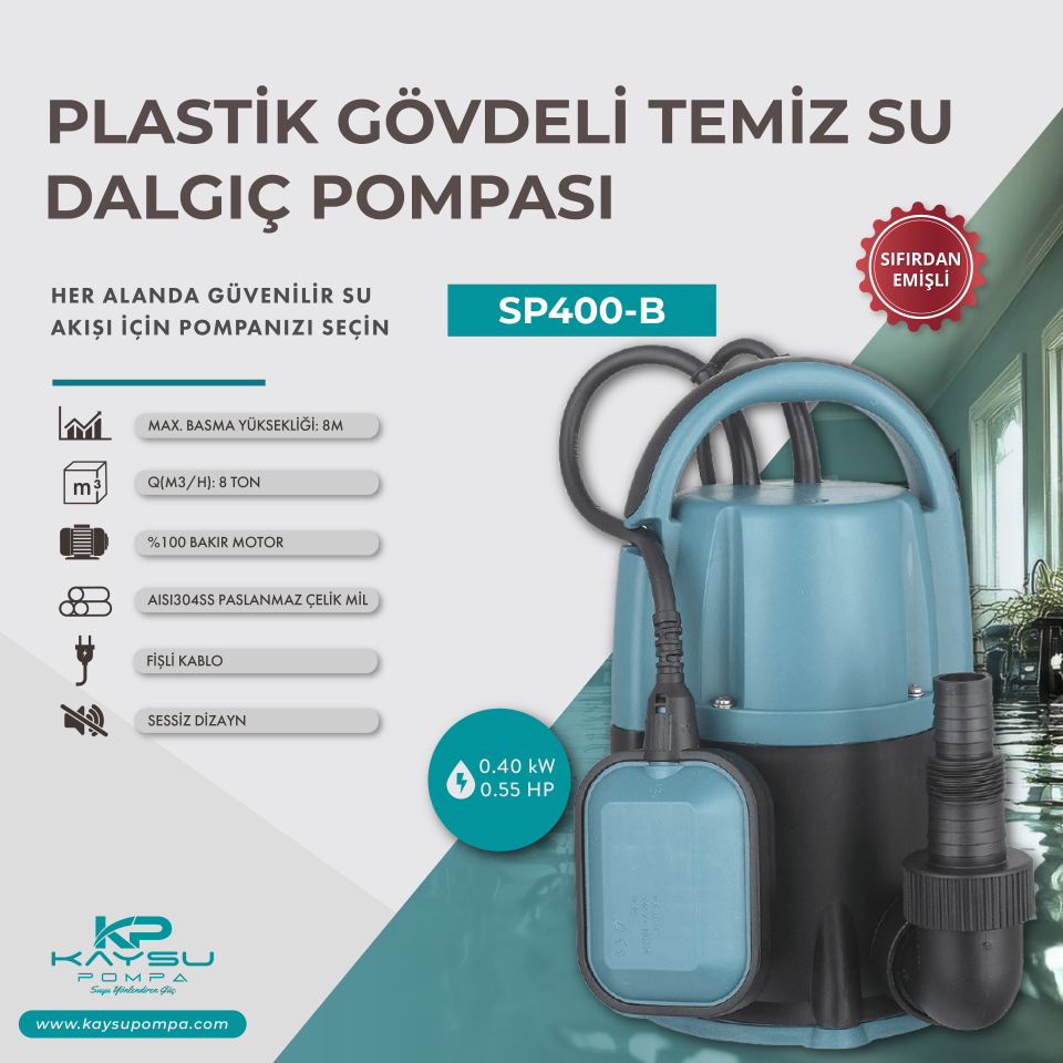 Kaysu Sıfırdan Emişli Temiz Su Dalgıç Pompası SP400-B - 0.40 kW - 0.55 HP