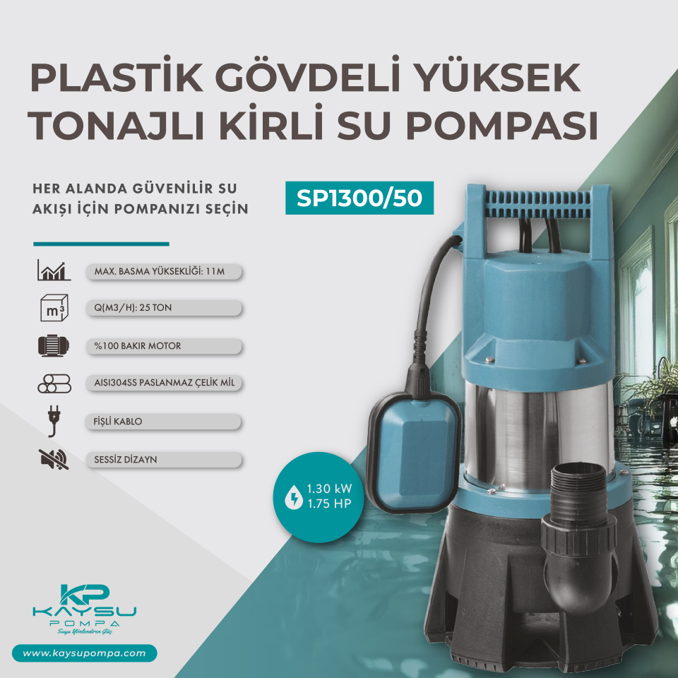 Kaysu Yüksek Tonajlı Kirli Su Pompası SP1300/50 - 1.30 kW - 1.75 HP