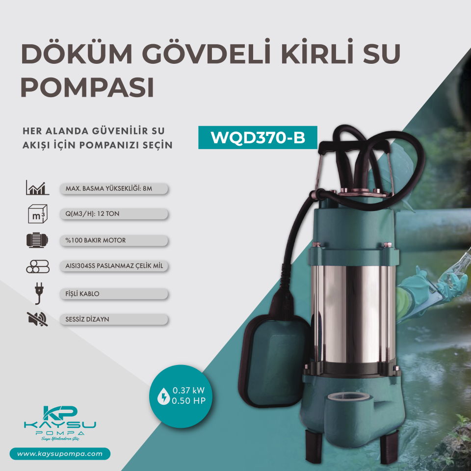 Kaysu Döküm Gövde Kirli Su Pompası WQD370-B - 0.37 kW - 0.50 HP