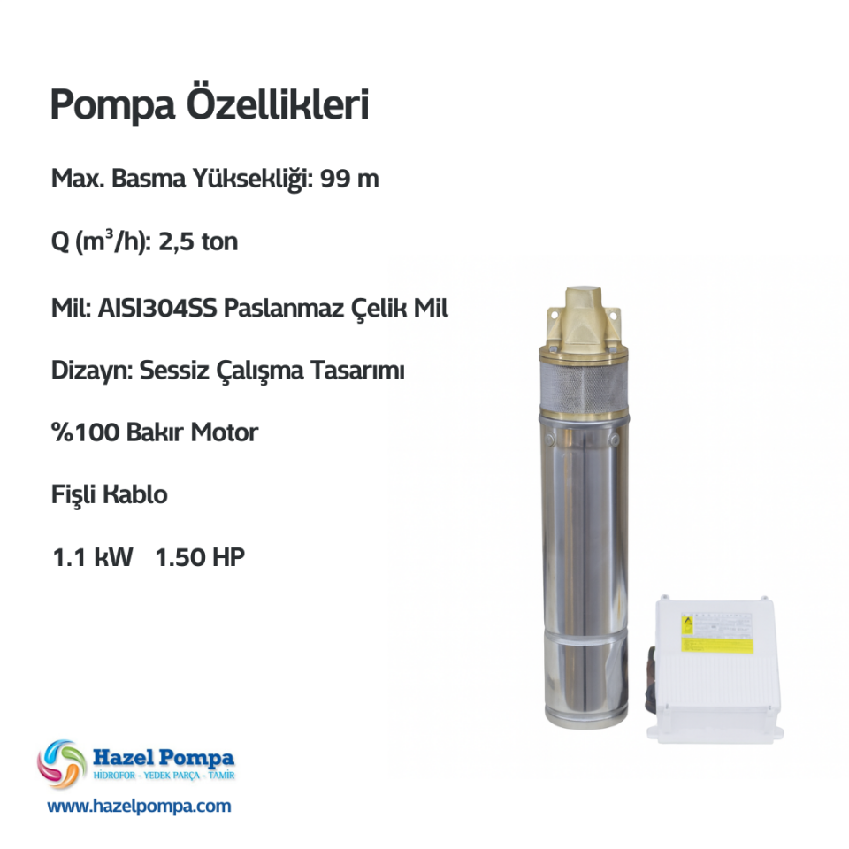 Hazel Sürtme Fanlı Preferikal Dalgıç Pompa H - 4SKM 150 - 1.1 kW - 1.50 HP
