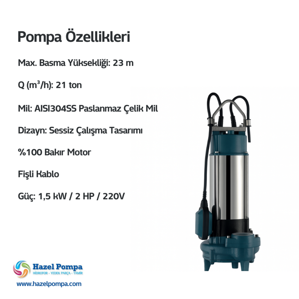 Hazel H-CUT1500-B 2 HP Öğütücülü Foseptik Pompa 220V 1.5kW - 23 M