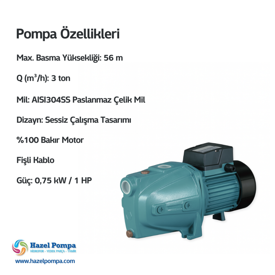 Hazel Paslanmaz Fanlı Jet Pompa - HKJm 10H - 0.75 kW - 1 HP
