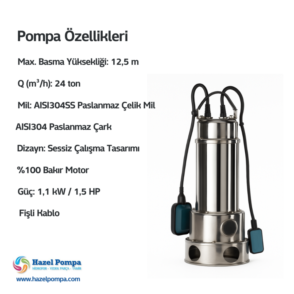 Hazel Paslanmaz Gövdeli Dalgıç H - HWD-1100S - 1.1 kW - 1.5 HP