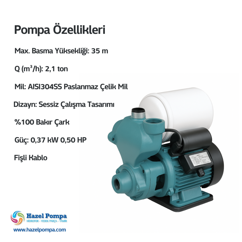 Hazel Preferikal Sürtme Fanlı Mini Hidrofor H-PS-370A - 0.37 kW - 0.50 HP