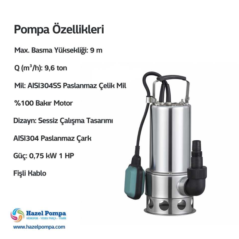 Hazel Paslanmaz Gövdeli Dalgıç H-QDS-750CW - 0.75 kW - 1 HP