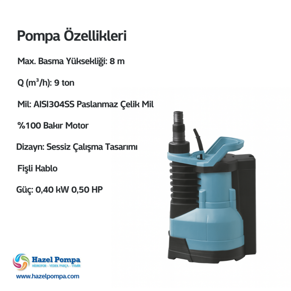 Hazel Gizli Flatörlü Dalgıç Pompa H-SP400-AUTO-A - 0.40 kW - 0.50 HP