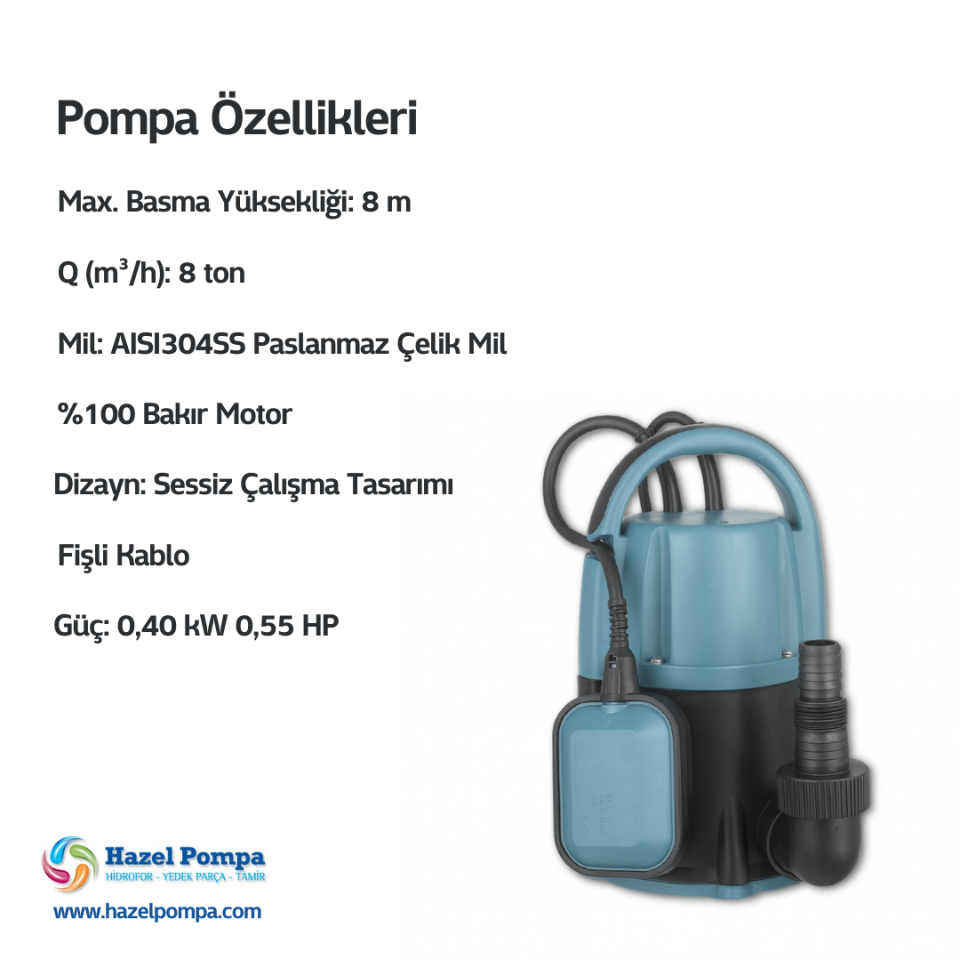 Hazel Sıfırdan Emişli Temiz Su Dalgıç Pompası H-SP400-B - 0.40 kW - 0.55 HP