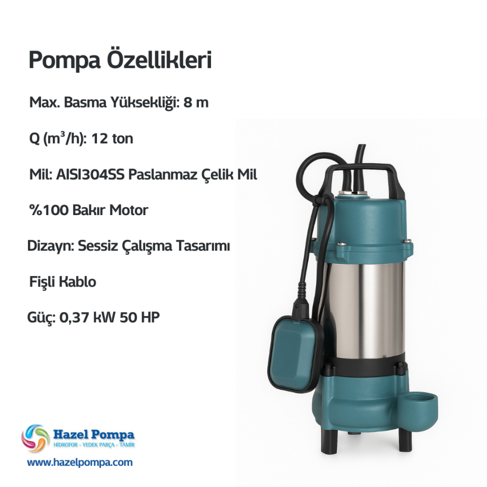 Hazel Döküm Gövde Kirli Su Pompası WQD370-B - 0.37 kW - 0.50 HP