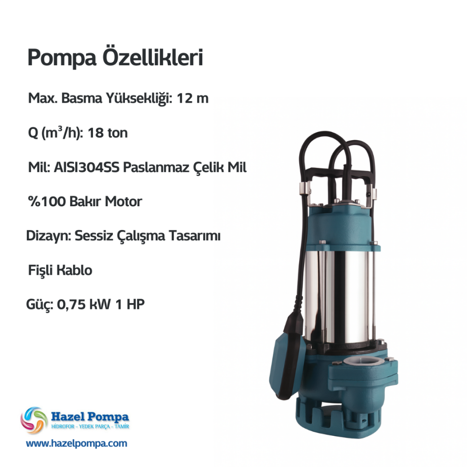 Hazel Döküm Gövde Kirli Su Pompası WQD750-B - 0.75 kW - 1 HP