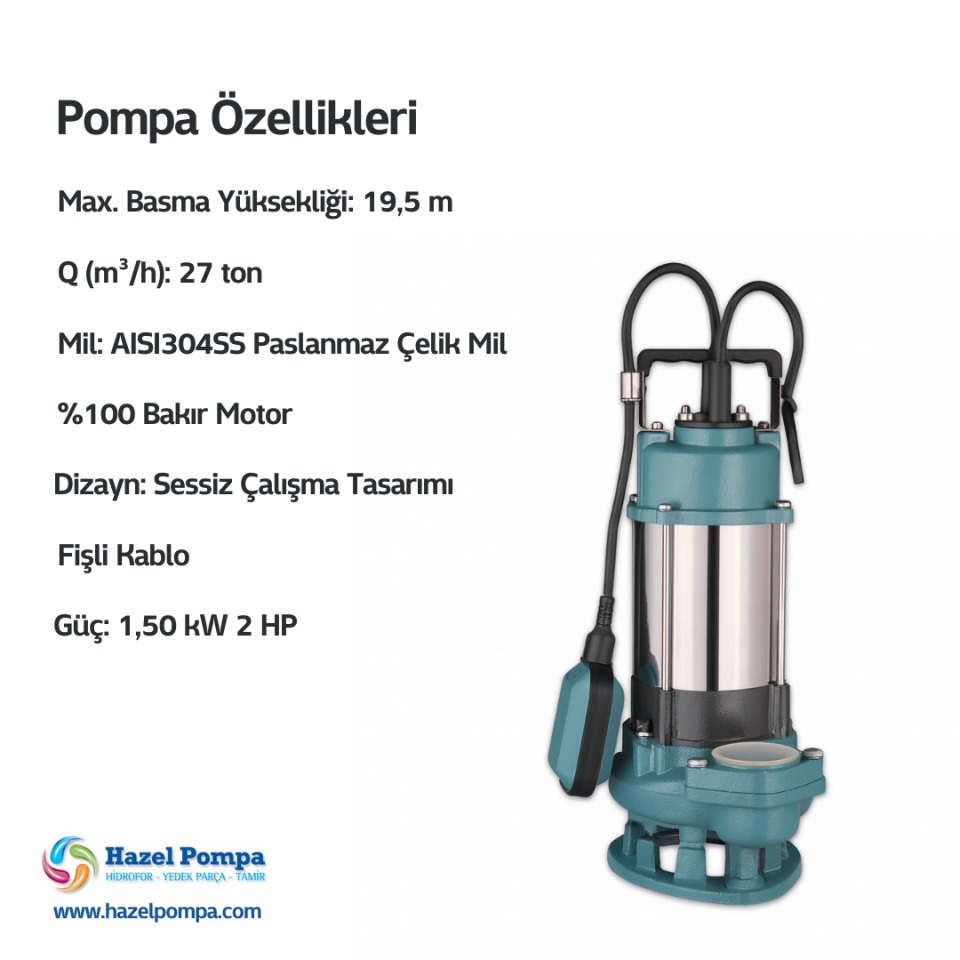 Hazel Döküm Gövde Kirli Su Pompası WQD1500-D - 1.50 kW - 2HP