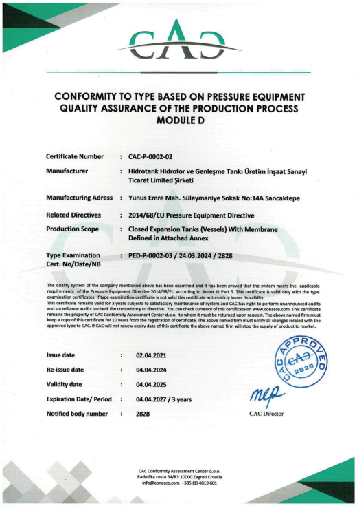 Hidrotank TD 500/16 bar Kapalı Genleşme Tankı 500 litre/hacim (manometreli)