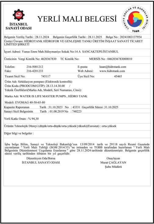 Hidrotank EVOMAG 80/360.15 Elektronik Sirkülasyon Pompası